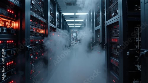 Server room malfunction with smoke and system failure, data center overheating, 4k video footage showing critical infrastructure.