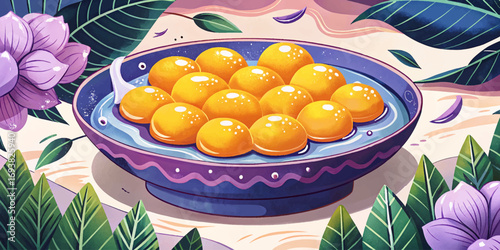 Thai thong yod dessert vector, golden egg yolk drops soaked in syrup, royal sweet delicacy, cultural Asian heritage