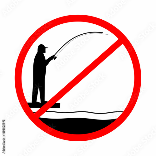 Fishing is prohibited in this area. Icon of a person holding a fishing rod with a red circle on a white background. Warning vector