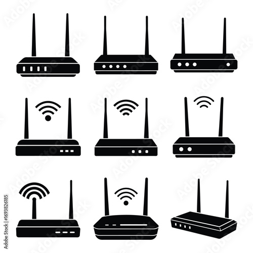 Collection of wireless routers with wi-fi signals silhouette vector