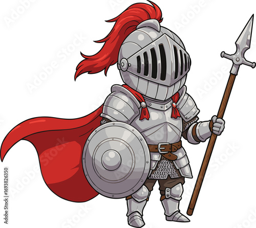 Cartoon medieval knight wearing shiny armor with red plume helmet and cape, holding spear and round shield, brave warrior character illustration standing confidently