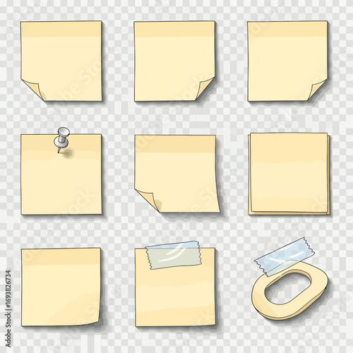 Collection of nine yellow sticky notes, each with a unique design and attachment method.