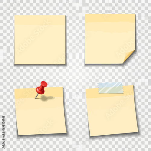 Four yellow sticky notes, one with a pin and one with tape.