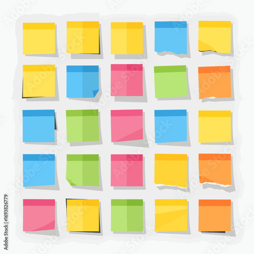Collection of colorful sticky notes with various shapes and tears.