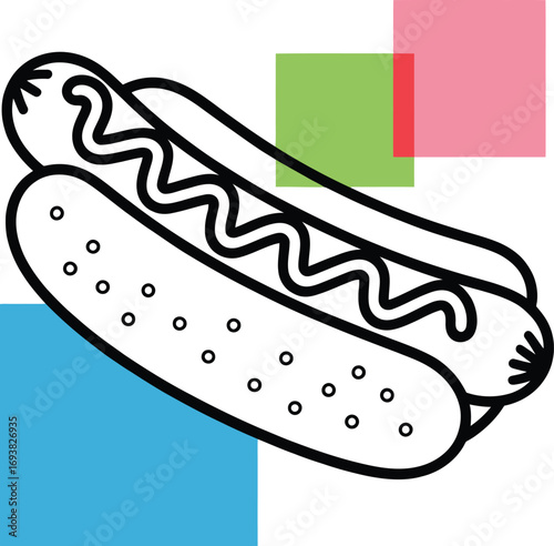 Bold hot dog illustration with vibrant abstract shapes evokes culinary fun