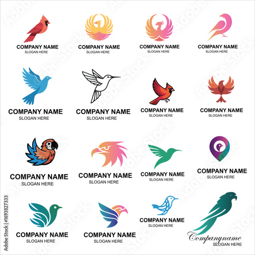 A set of modern bird-themed logos in colorful vector style. Includes abstract bird shapes such as hummingbirds, eagles, parrots, phoenixes, and other birds in flight. Ideal for branding, business card