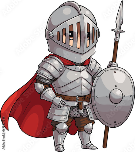 Cute cartoon medieval knight in full armor with red cape holding spear and shield, fantasy warrior character illustration, medieval soldier standing pose