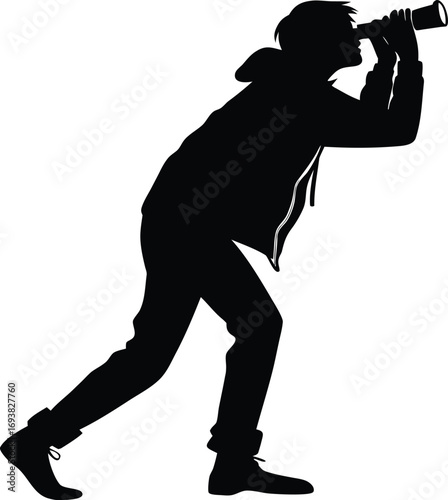 Silhouette of person leaning forward looking through camera vector