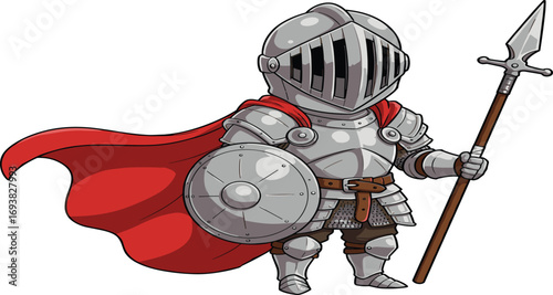 Cute cartoon medieval knight in shining armor with red flowing cape, holding spear and round shield, fantasy warrior character illustration, brave soldier pose