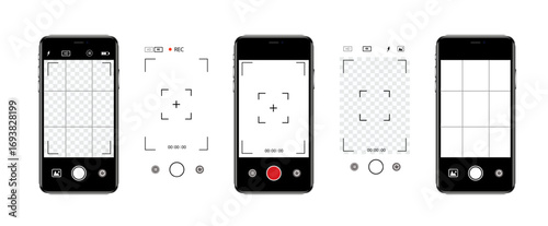 Viewfinder Camera interface in phone screen. Photo, video ui in cellphone. App for record from mobile cam. Grid, focus, button and rec. Smartphone mockup. Vector.