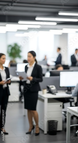 Business professionals engaged in discussion within a modern office space.  Blurred figures suggest collaboration and teamwork.