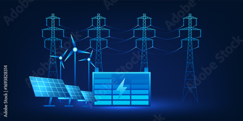 Future energy storage concept illustration, large battery storing electricity from solar panels and high voltage power towers, symbolizing renewable energy, smart grid, and sustainable technology