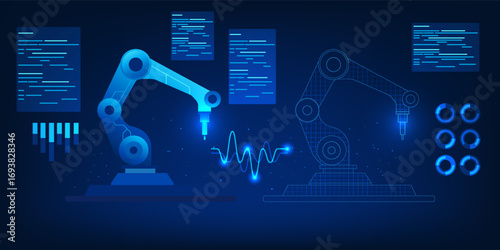 Digital twin technology illustration with robotic arm and its holographic twin model, symbolizing smart manufacturing, AI simulation, and Industry 4.0 innovation