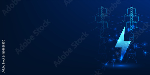 High voltage electric pole with lightning symbol represents modern energy technology, energy use and clean energy innovation that combines natural energy with solar energy from solar cells.