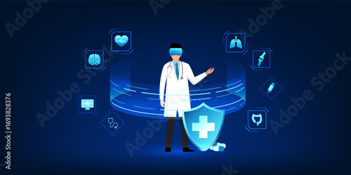 Modern medical technology illustration, doctor wearing VR headset analyzing patient data hologram, futuristic healthcare innovation, digital diagnosis and treatment concept.