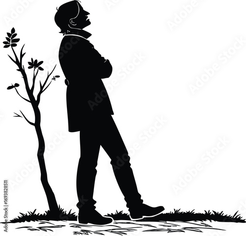 Silhouette of person standing still next to tree vector