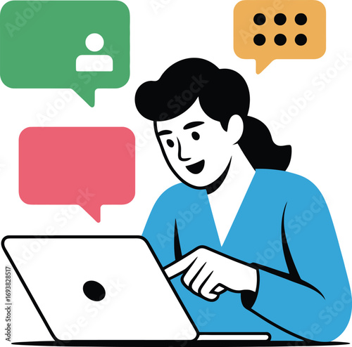 Woman actively communicating online via laptop, surrounded by colorful chat bubbles and notifications.