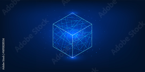 Blockchain network illustration with connected data blocks and digital currency symbols, representing cryptocurrency transactions, decentralized finance, and modern fintech innovation
