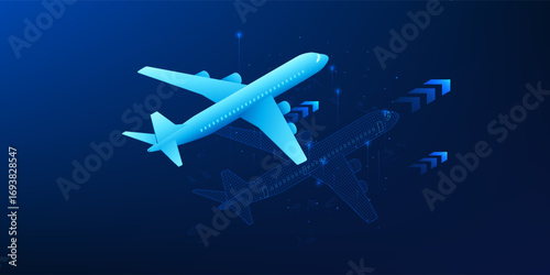 Digital twin technology illustration of an airplane with holographic simulation model, representing aviation, flight simulation, aerospace innovation, and smart maintenance