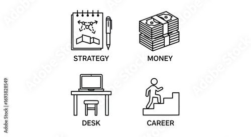 Vector illustration of business icons for strategy, money, desk, and career