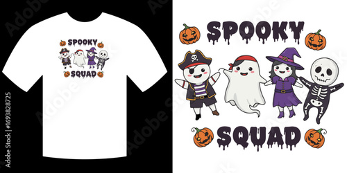 Spooky Squad on T-Shirt: A cute t-shirt showcasing a Spooky Squad design, featuring adorable cartoon characters dressed up for Halloween, perfect for kids and themed events.