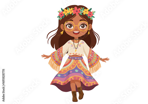 Bohemian Girl with Flower Crown and Round Glasses