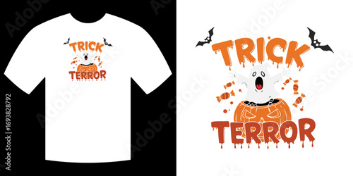Halloween design on a t-shirt: Halloween-themed t-shirt design features playful elements like bats, spooky ghost, trick or treat concept for the holiday.