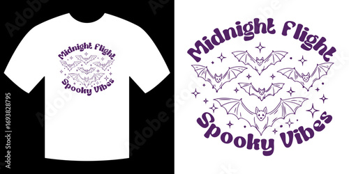 Midnight Flight Spooky Vibes: A t-shirt design showcasing a group of bats flying under the Midnight Flight Spooky Vibes. Suitable for those who love the theme of bats and spooky things.