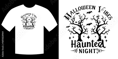 Spooky T-shirt Design: An artistic design on a white tee radiates Halloween vibes. The design features spooky trees and night-themed graphics. It is a perfect design for any Halloween party. 