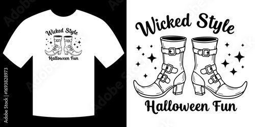 Wicked Style: A graphic design of a witch style boot on a white T-shirt with a captivating message of Halloween fun. 