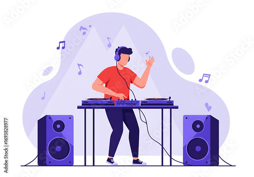 DJ Mixing Music on Stage with Speakers