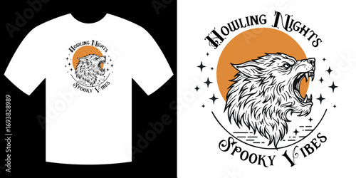 Spooky Vibes T-shirt Design: A captivating t-shirt showcases an artistic illustration of a howling wolf, embracing the themes of mystery and intrigue with its striking graphics.