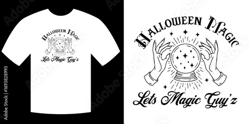 Mystical Halloween Tee Design: A captivating graphic showcases a crystal ball held by two hands, conjuring a sense of magic and mystery, perfectly embodying the spooky spirit of the season.