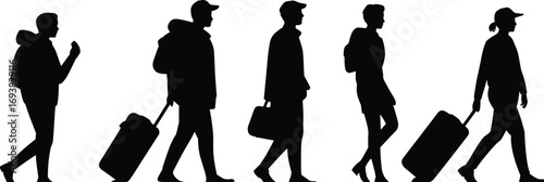 Silhouette travelers walking with luggage, people commuting, modern travel concept, journey illustration, tourism lifestyle, airport passengers, vacation travelers isolated vector