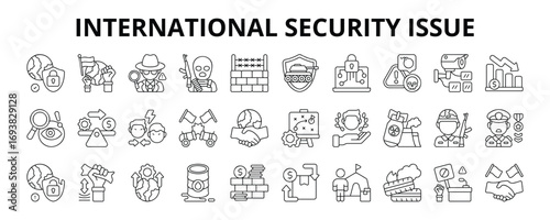 30 International Security Issue Line Icons Vector - Espionage, Surveillance, Crisis, Conflict, Ceasefire, Refugee, Political Instability