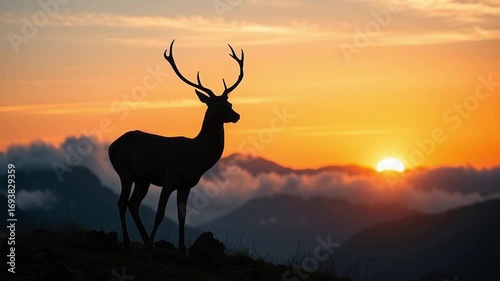 Majestic Deer Silhouette with Antlers Against Vibrant Sunset, Serene Mountain Backdrop Showcasing Wildlife and Nature Beauty