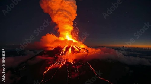 Fiery Volcanic Eruption at Night with Glowing Lava, Smoke, Ash Clouds, and Intense Orange Red Glow Lighting Up Dark Sky