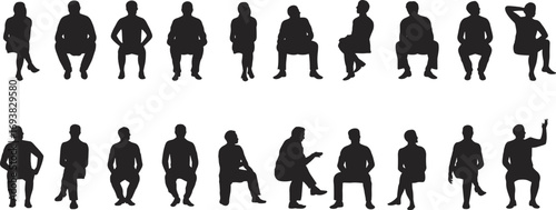Silhouette people sitting poses, business casual and formal attire, diverse man and woman seated, conversation and relaxation, vector illustration, social interaction concept