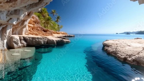 Serene Tropical Cove with Turquoise Water, Rocky Cliffs, Palm Trees, and Stunning Coastal Cave Offering Picturesque Views