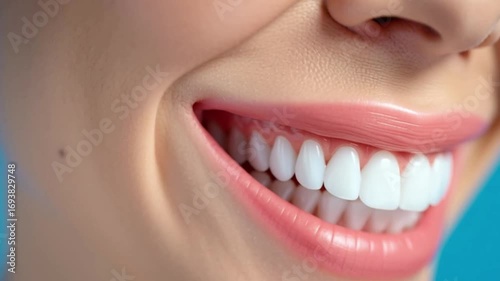 Close up of smiling woman showcasing bright white teeth, dental health, beauty, and confidence with healthy smile and pink lips