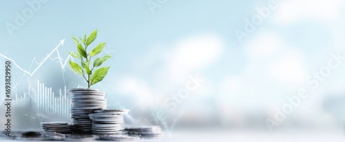 The stack of coins with a growing seedling symbolizing sustainable financial growth
