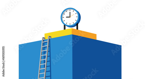 Reaching the top a ladder ascends to a clock atop a blue and yellow structure