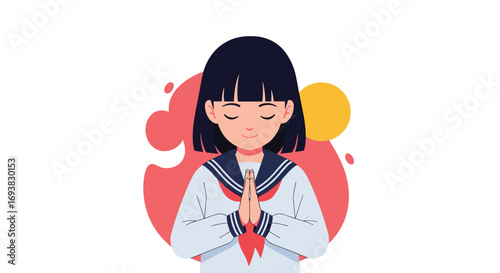 Young student with closed eyes bows respectfully in a classroom setting with bubbles and sun artwork