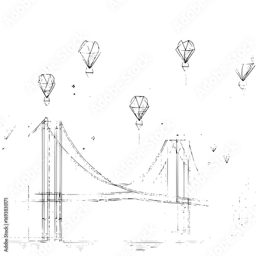 Black and white sketch of a bridge with hot air balloons and stars in the sky digital art drawing