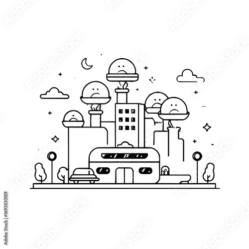 Monochrome outline illustration of a futuristic city with sad flying saucers and pollution stacks