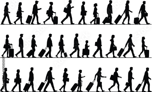 Silhouettes of travelers walking with luggage, men women children, airport journey concept, black people icons, business trip travel illustration