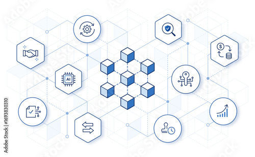 Blockchain technology.  blockchain icons with digital hexagon background. editable stroke vector illustration.	

