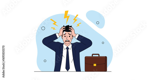 Businessman experiencing extreme stress due to overwhelming workload causing mental anguish and physical strain on his body
