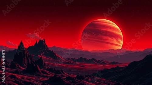 Surreal Red Alien Landscape with Jagged Mountains, Glowing Sky, Extraterrestrial Atmosphere, Vast Desert, and Otherworldly Red