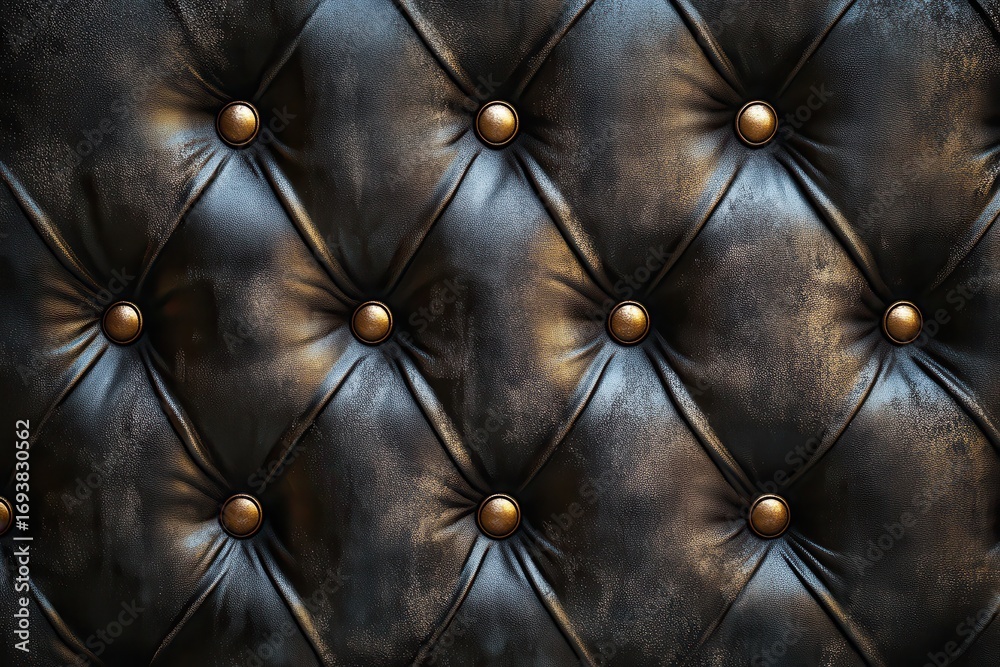 Naklejka premium Detailed black leather upholstery with buttons, in a diamond pattern. Use this elegant texture for backgrounds or design element.